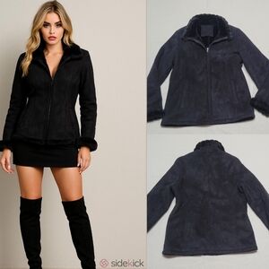 Vintage 1980s Black Faux Suede Scalloped Fur Shearling Full-Zip Fitted Coat L